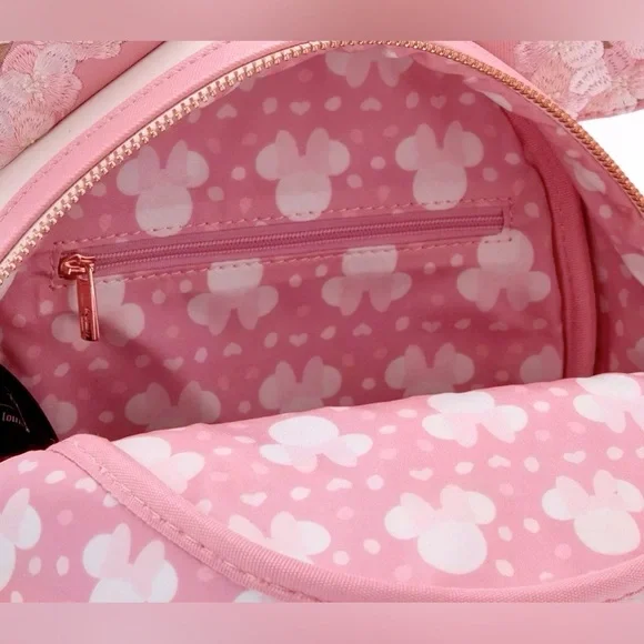 New LOUNGEFLY Disney Japan Minnie Mouse Pink & White CHERRY BLOSSOM Backpack Bag - Picture 5 of 7
